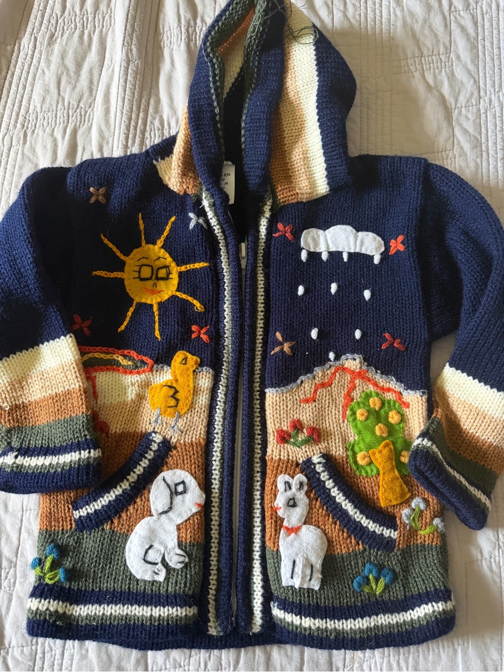 Navy Hooded Kids Zip Sweater with Playful Appliqués